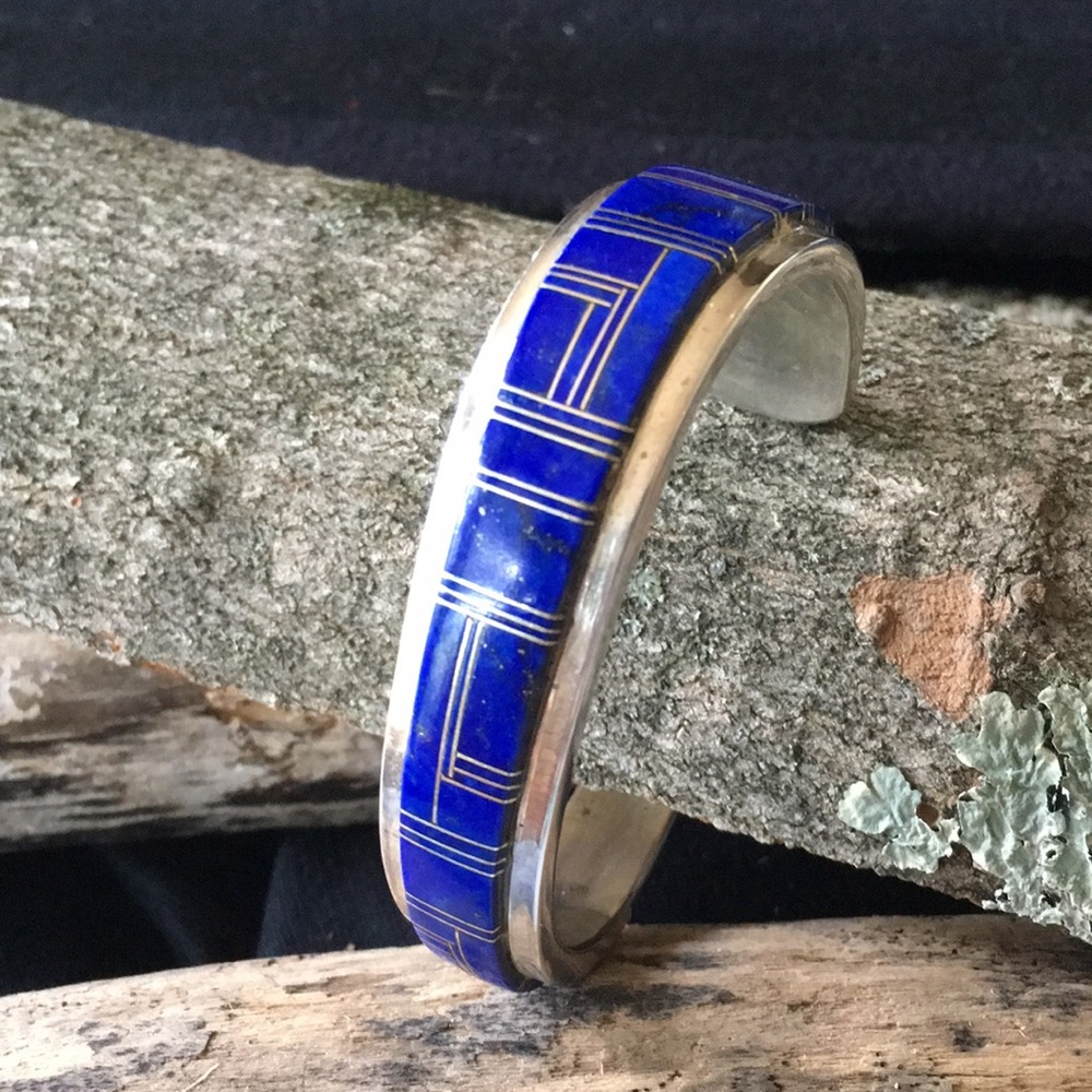 Vintage Navajo Native American Inlay Lapis Bracelet by Wilbur Yazzie - Picture 4 of 14